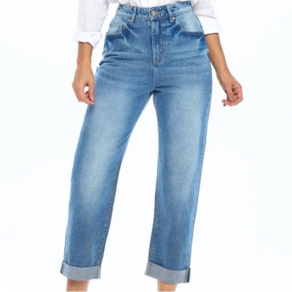 HIGH RISE SOLID BLUE AGE MOM JEANS - Picture 4 of 4